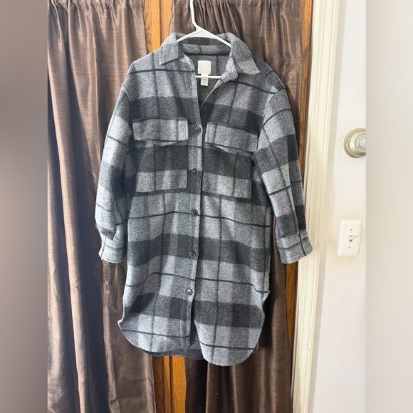 H&M Long Shirt Jacket Shacket Lightweight Coat Plaid Gray Black NWOT XS - Picture 2 of 7